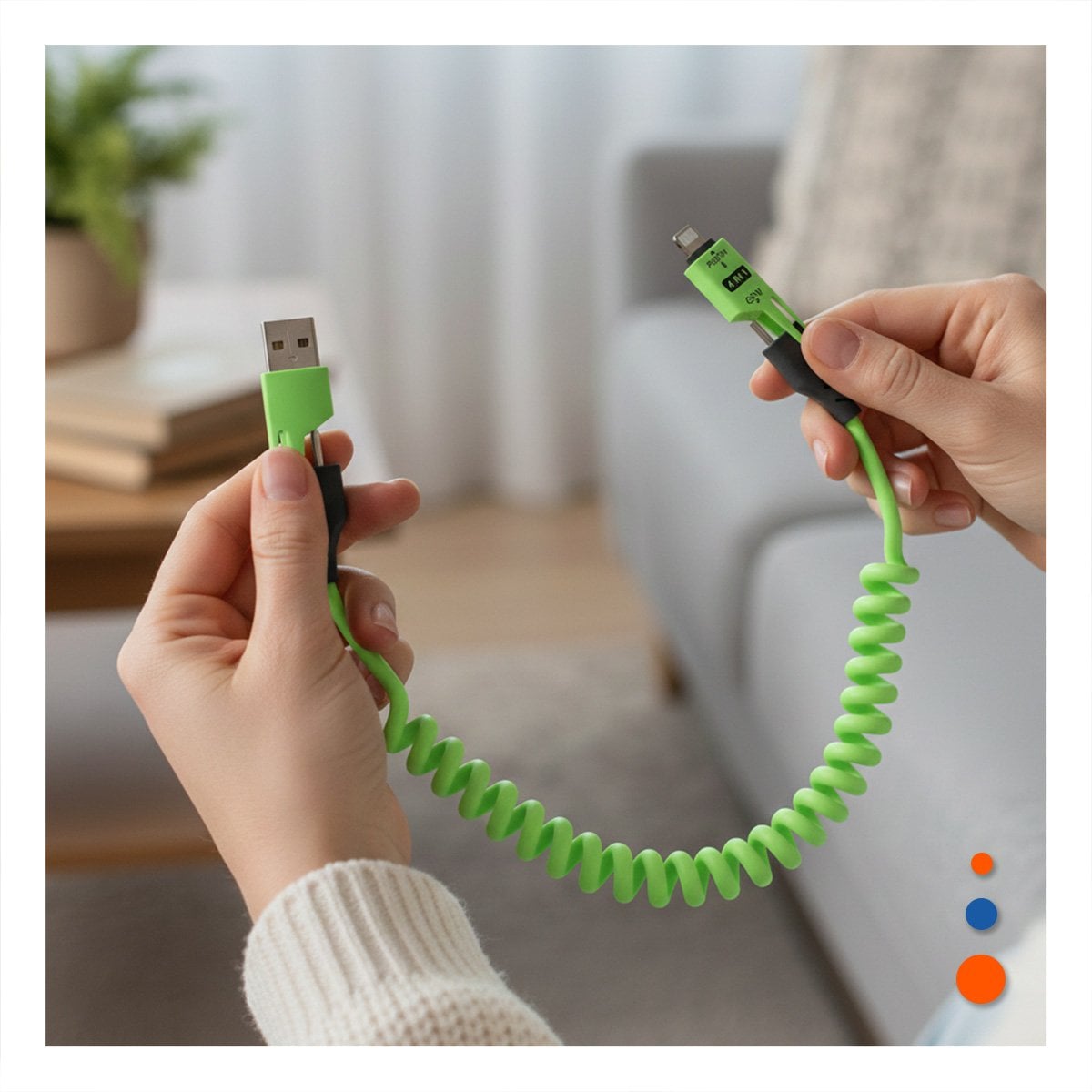 ACCESORIO RESORTE 4 EN 1 USB C 1,5M VERDE CABLE DE CARGA PARA DISPOSITIVOS Y+PAPEL REGALO - 2