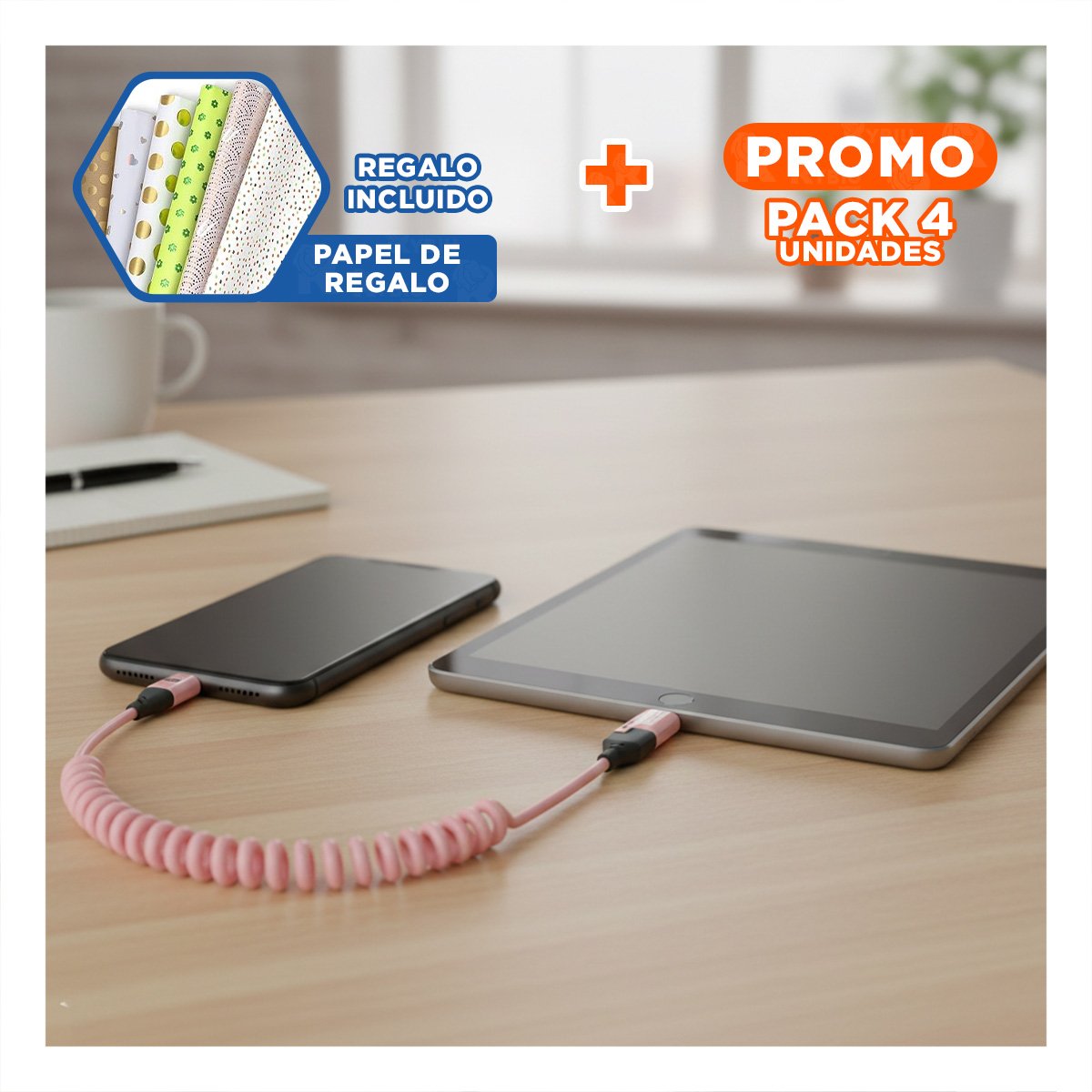 PACK4 CONECTOR RESORTE 4 EN 1 USB C 1,5M ROSADO CABLE PARA CARGA Y+PAPEL REGALO - 1