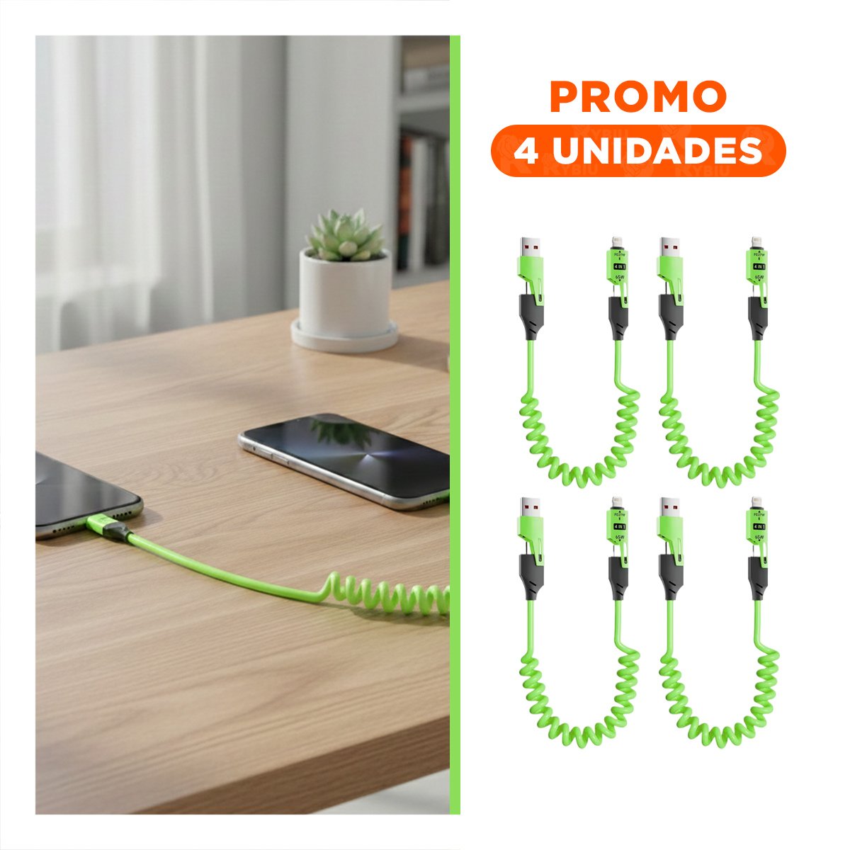PACK4 CABLE RESORTE 4 EN 1 USB C 1,5M VERDE ACCESORIO DE CONEXION PARA CELULAR - 1