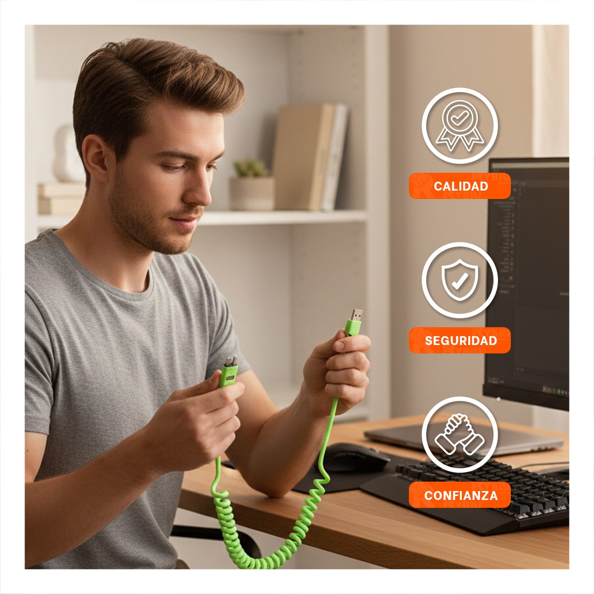 PACK4 CABLE RESORTE 4 EN 1 USB C 1,5M VERDE ACCESORIO DE CONEXION PARA CELULAR - 3