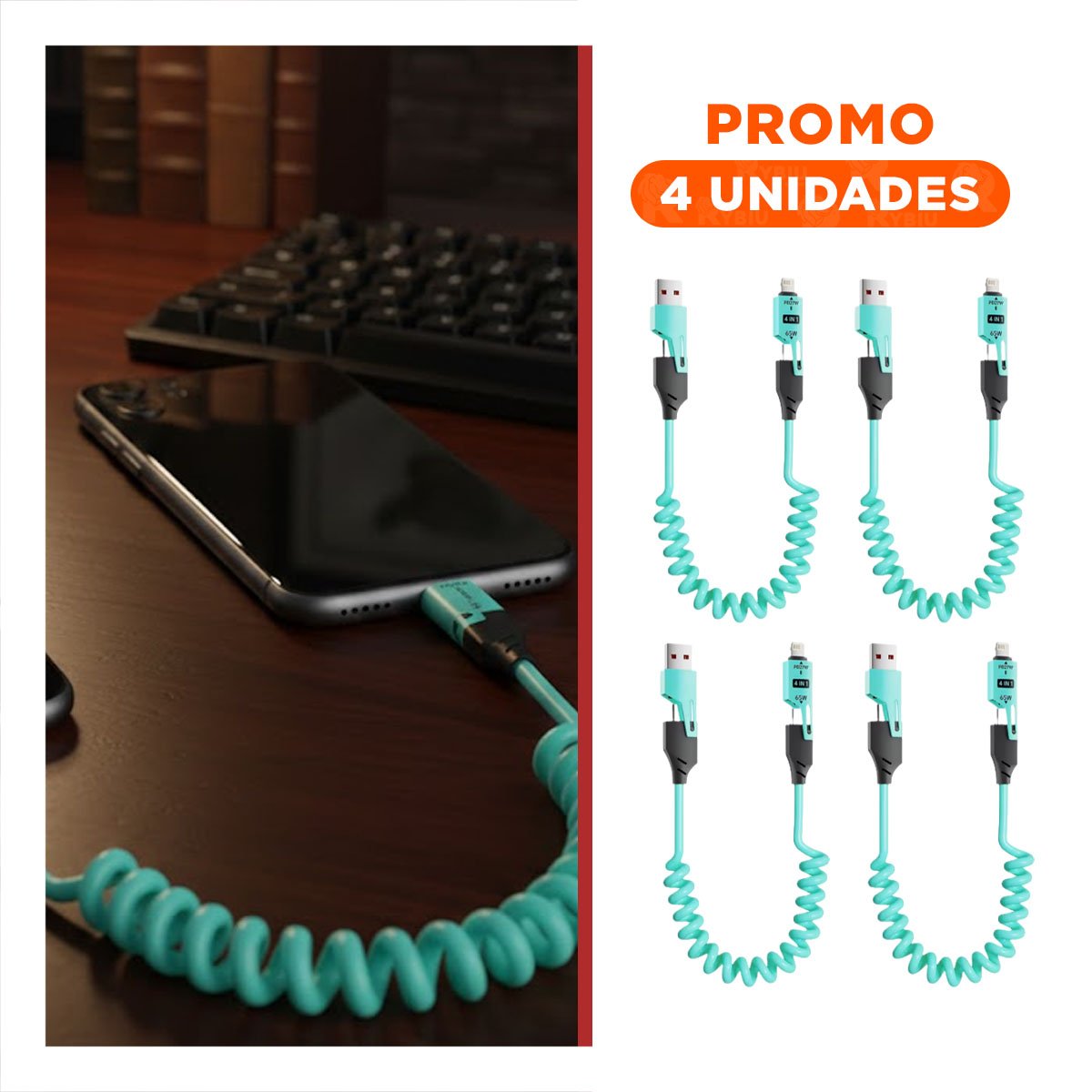 PACK4 CONECTOR RESORTE 4 EN 1 USB C 1,5M CELESTE ACCESORIO DE ENERGIA Y+REGALO STICKER - 1