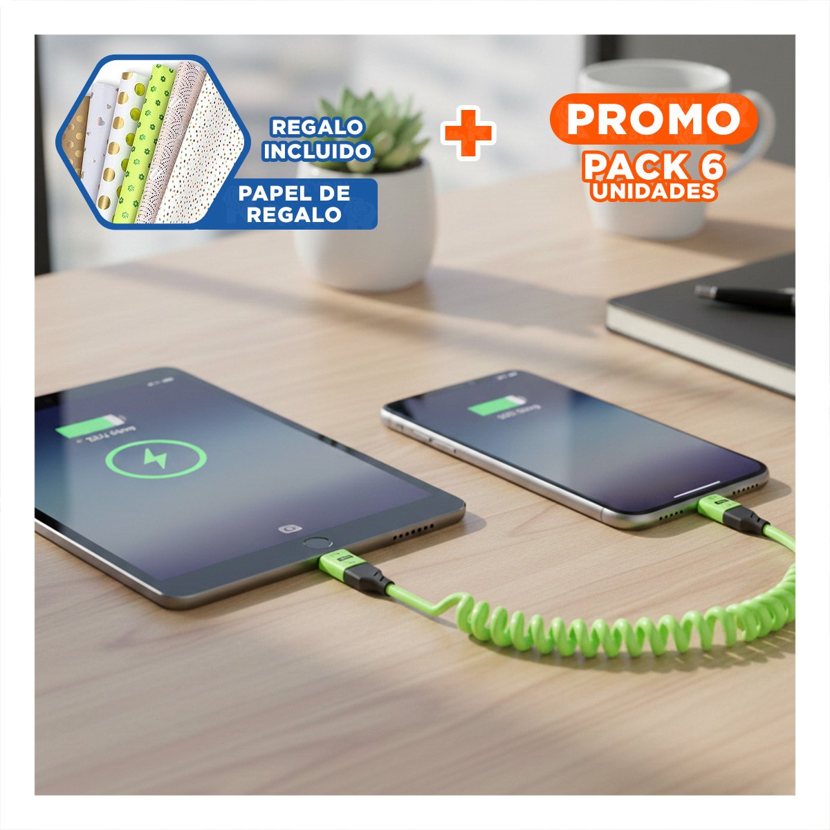 PACK6 CABLE RESORTE 4 EN 1 USB C 1,5M VERDE CABLE DE CARGA PARA DISPOSITIVOS Y+REGALO STICKER - 1