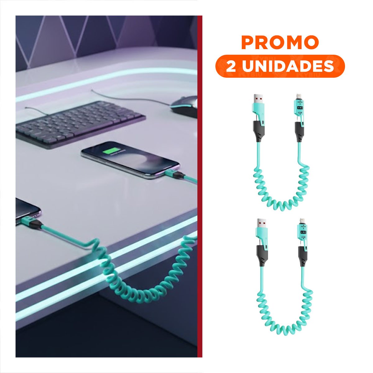 PACK2 CONECTOR RESORTE 4 EN 1 USB C 1,5M CELESTE CABLE DE CARGA PARA DISPOSITIVOS - 1