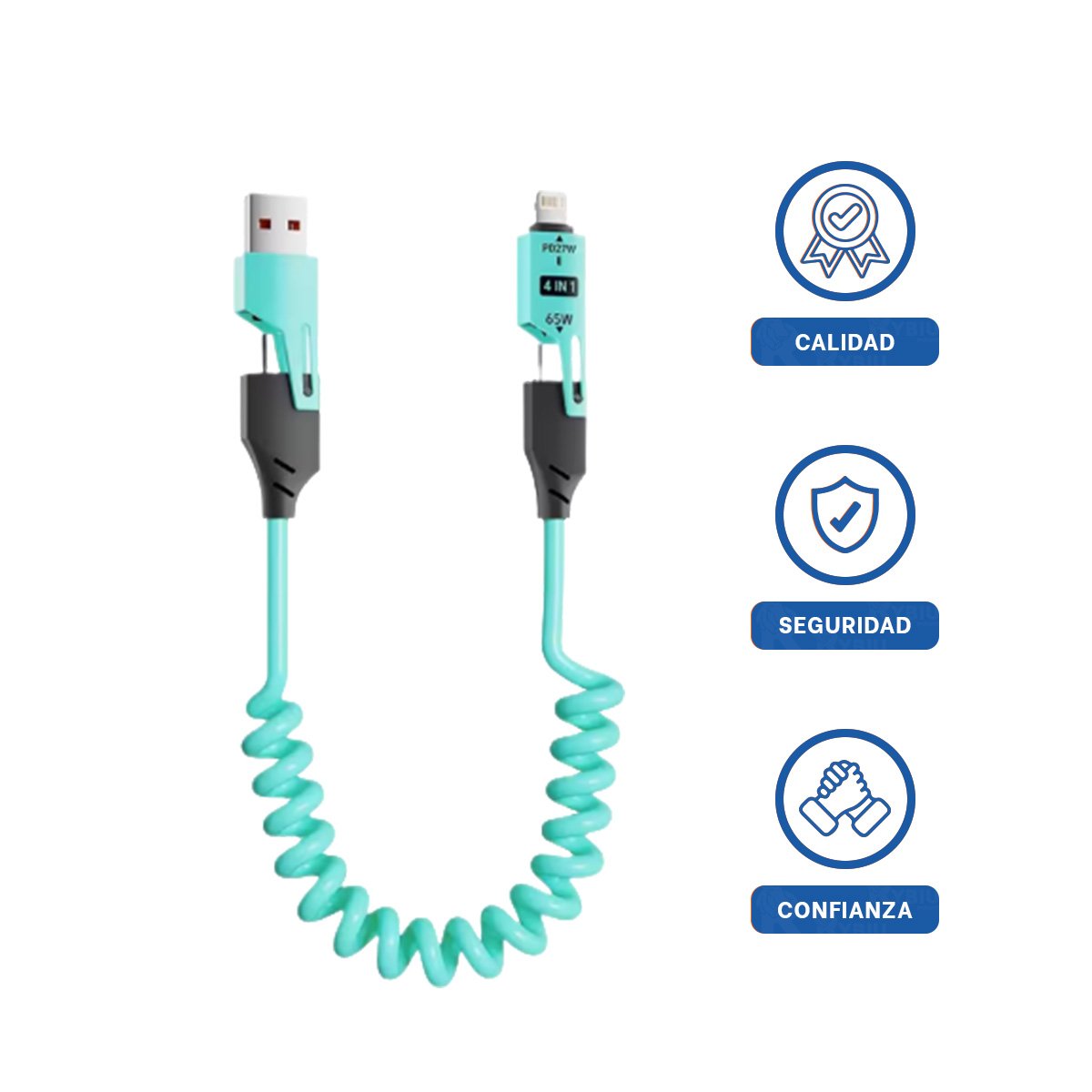CABLE RESORTE 4 EN 1 USB C 1,5M CELESTE CABLE DE CONEXION PARA EQUIPOS Y+LIGAS REGALO - 3