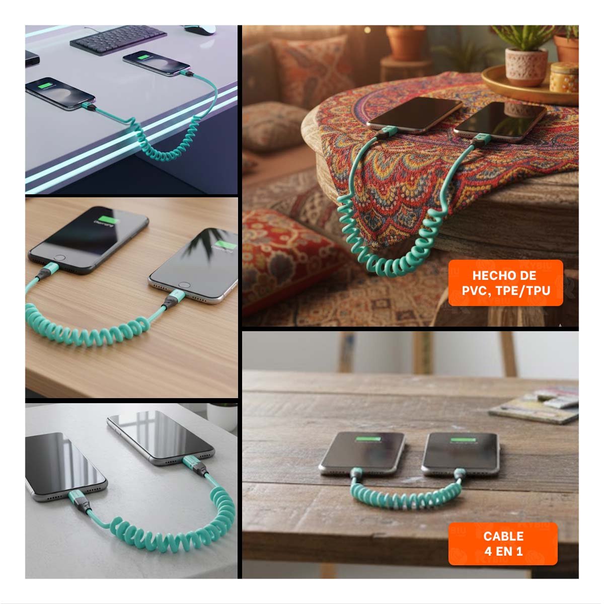CABLE RESORTE 4 EN 1 USB C 1,5M CELESTE CABLE DE CONEXION PARA EQUIPOS Y+LIGAS REGALO - 5