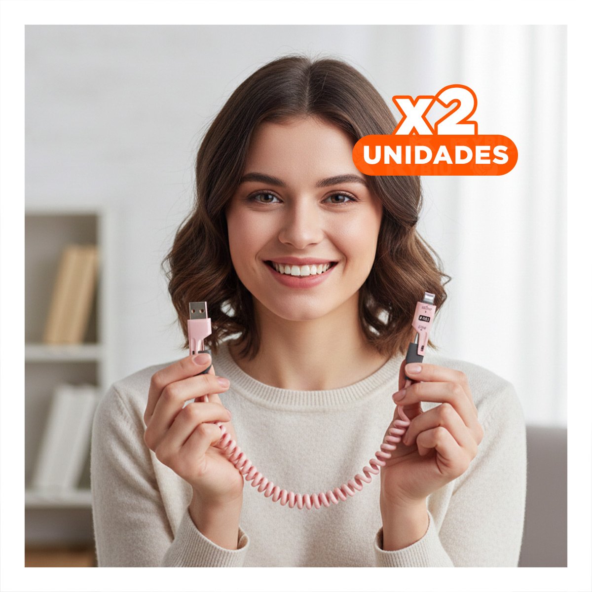 PACK2 CABLE RESORTE 4 EN 1 USB C 1,5M ROSADO CABLE PARA CELULAR Y+REGALO STICKER - 1
