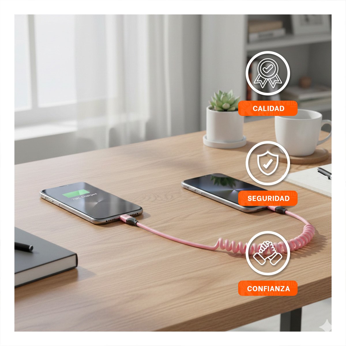 PACK2 CABLE RESORTE 4 EN 1 USB C 1,5M ROSADO CABLE PARA CELULAR Y+REGALO STICKER - 5