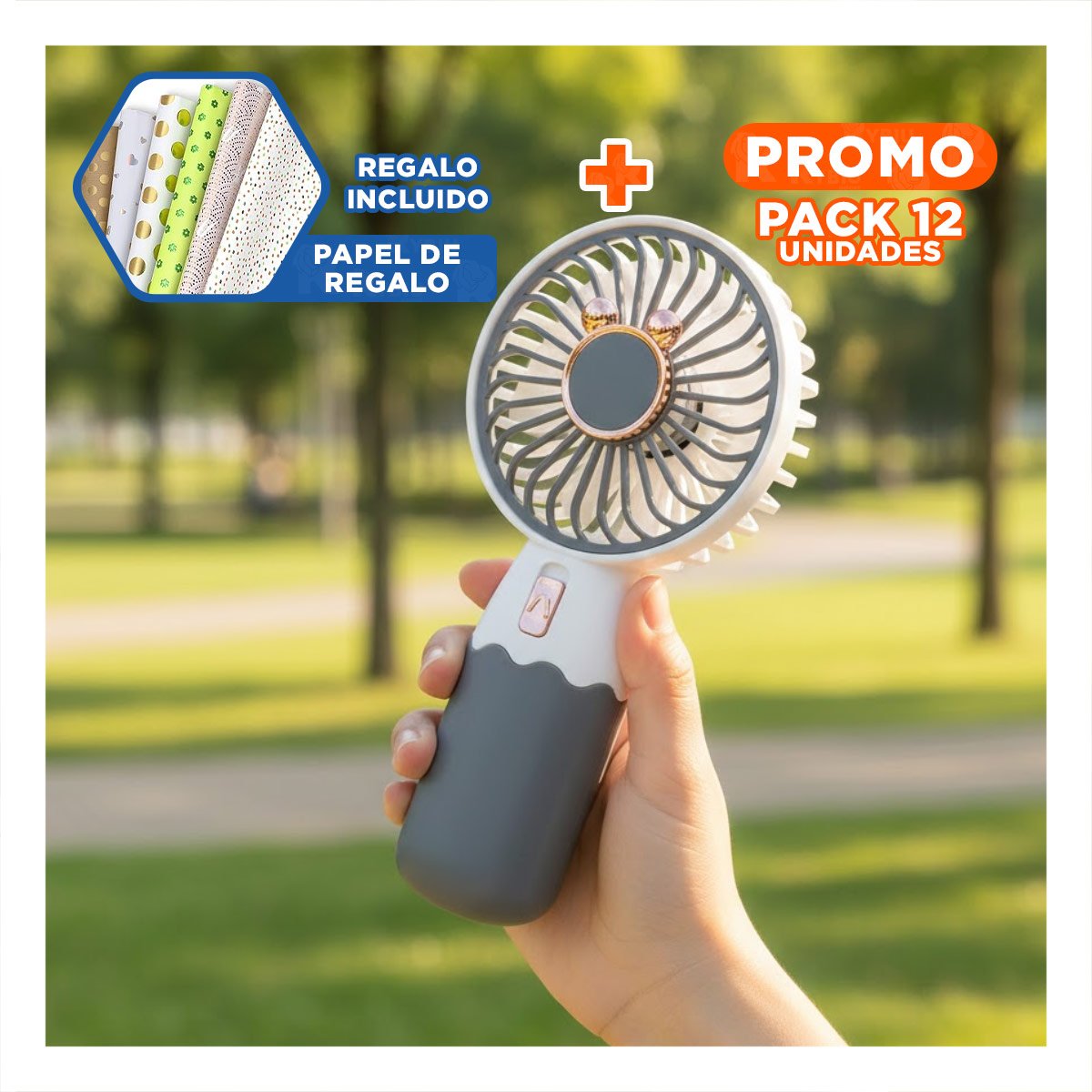 PACK12 VENTILACION CON OREJITAS SOLAR PORTATIL RECARGABLE MODERNO RESISTENTE Y+PAPEL REGALO - 1