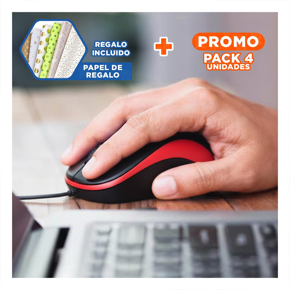 PACK4 RATON CYBERTEL ROJO Y NEGRO GAMER PARA LAPTOP Y PC Y+PAPEL REGALO - 1