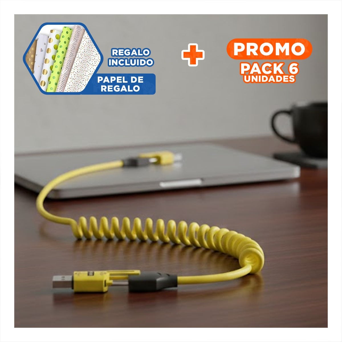 PACK6 CORDON RESORTE 4 EN 1 USB C DE 1,5M AMARILLO CABLE MOVIL USO DIARIO Y+PAPEL REGALO - 1