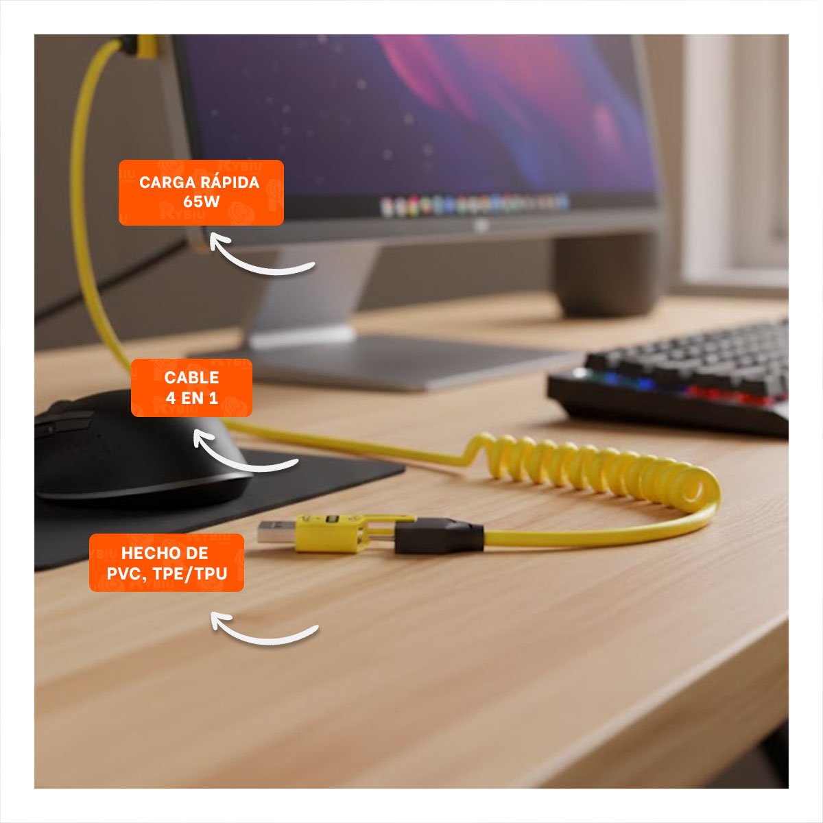 PACK6 CORDON RESORTE 4 EN 1 USB C DE 1,5M AMARILLO CABLE MOVIL USO DIARIO Y+PAPEL REGALO - 2