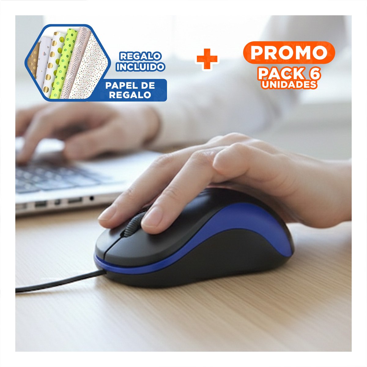 PACK6 MOUSE CYBERTEL AZUL Y NEGRO CON SENSOR OPTICO Y CABLE LARGO Y+REGALO STICKER - 1