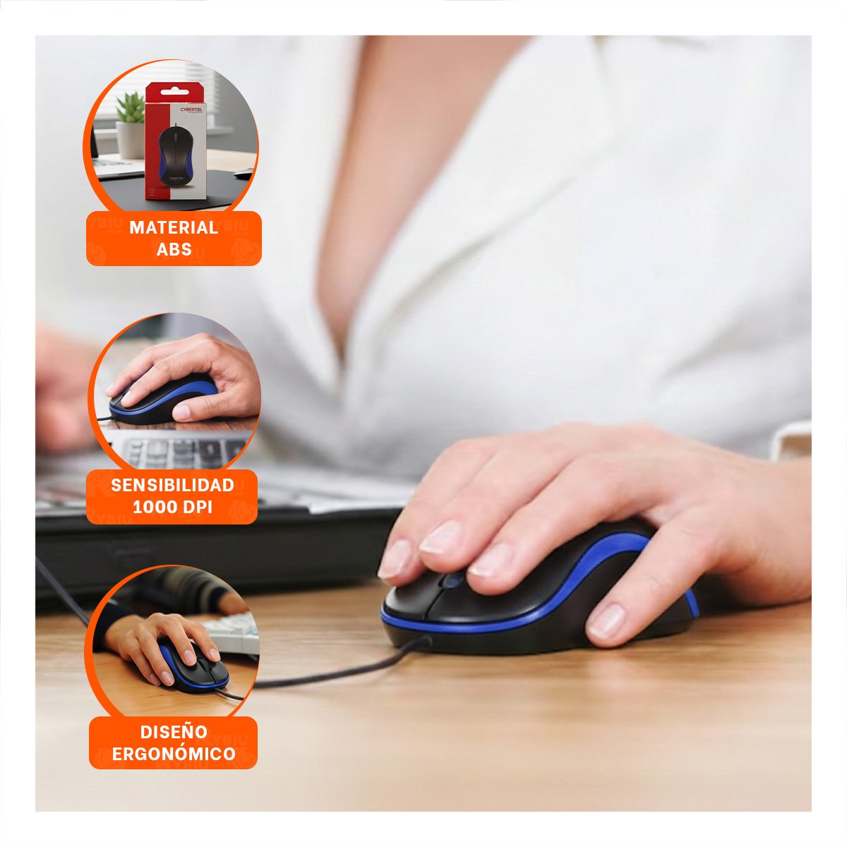 PACK6 MOUSE CYBERTEL AZUL Y NEGRO CON SENSOR OPTICO Y CABLE LARGO Y+REGALO STICKER - 3