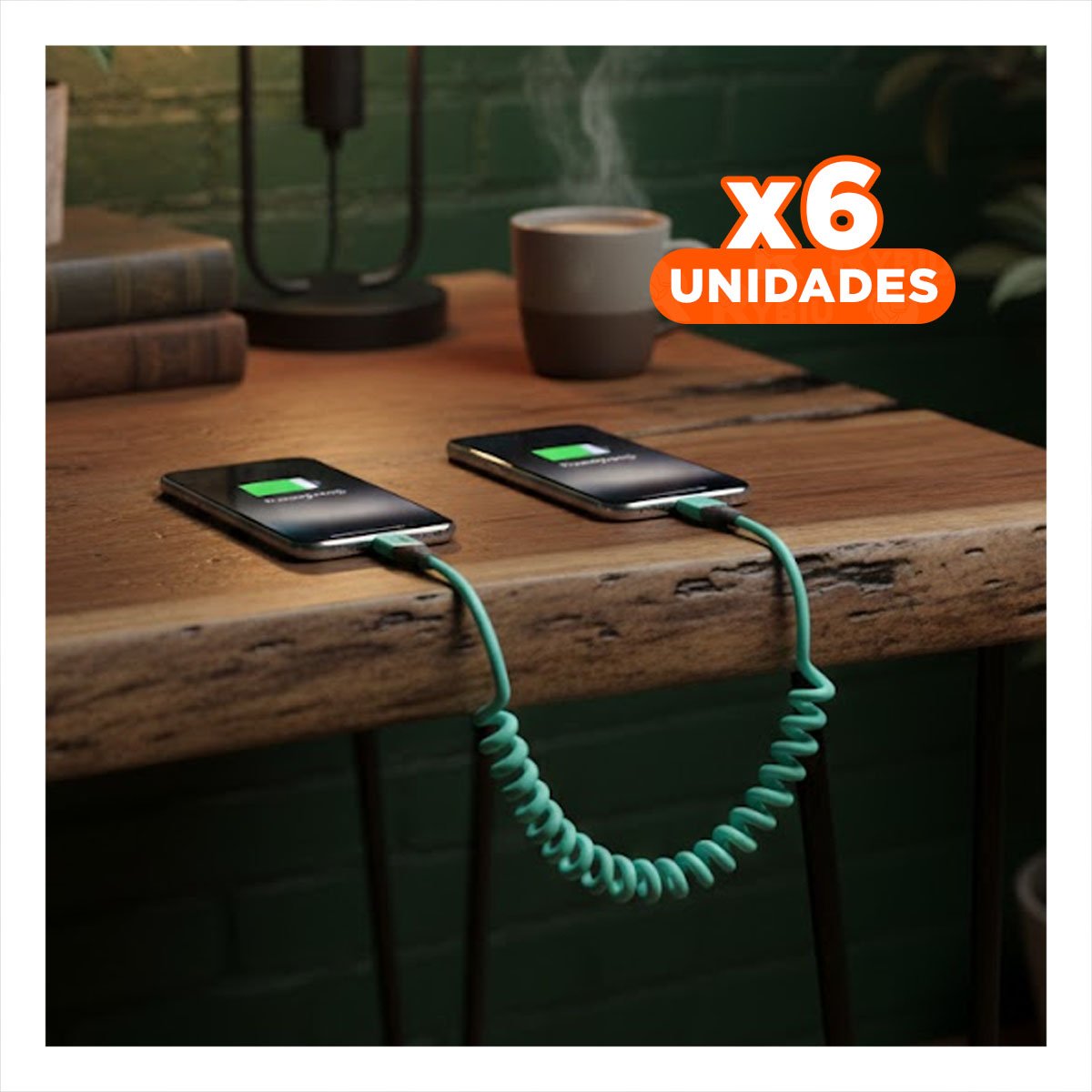 PACK6 CABLE RESORTE 4 EN 1 USB C 1,5M CELESTE CONECTOR DE CARGA PARA CELULARES Y+REGALO STICKER - 1