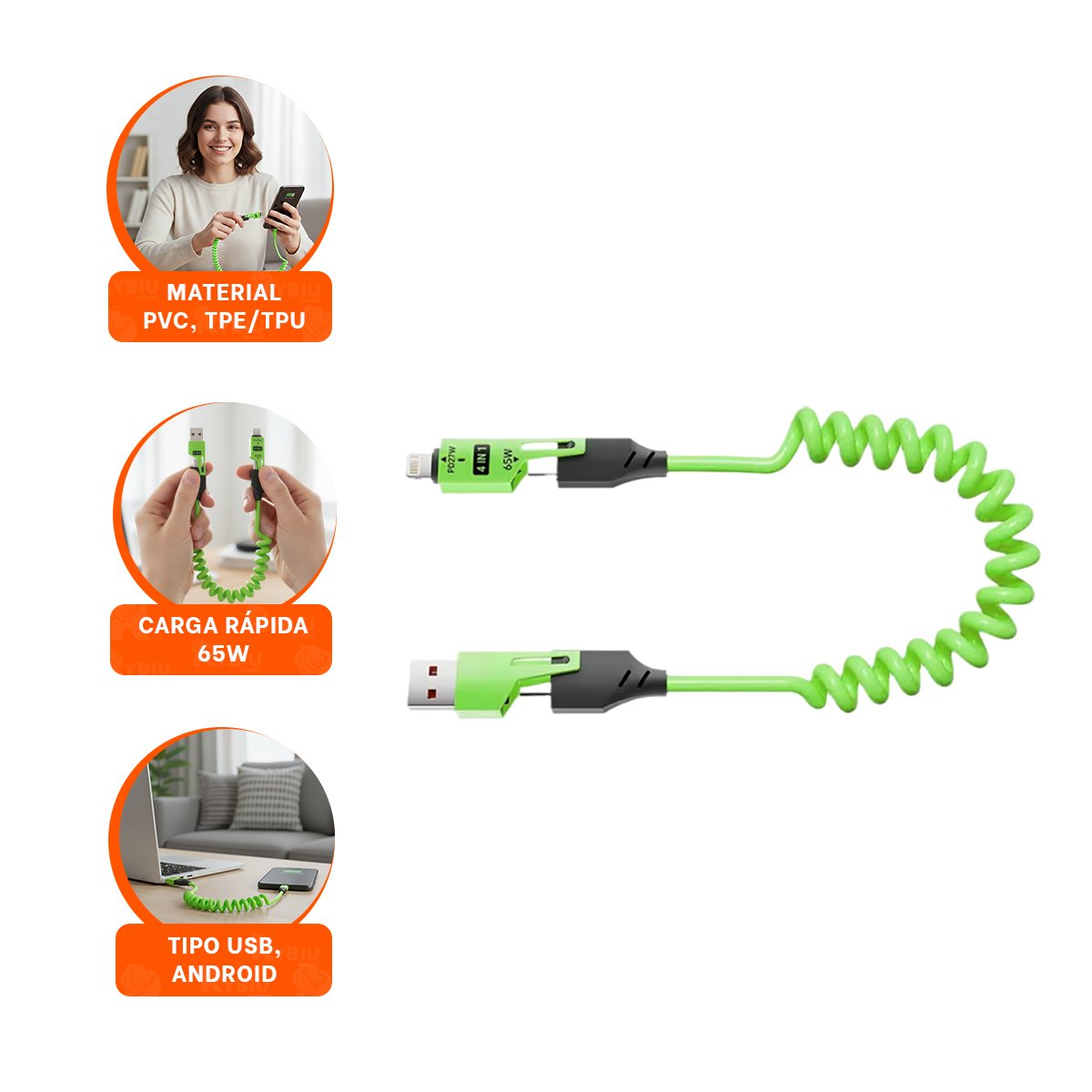 CONECTOR RESORTE 4 EN 1 USB C 1,5M VERDE ACCESORIO DE CARGA PARA CELULAR - 3