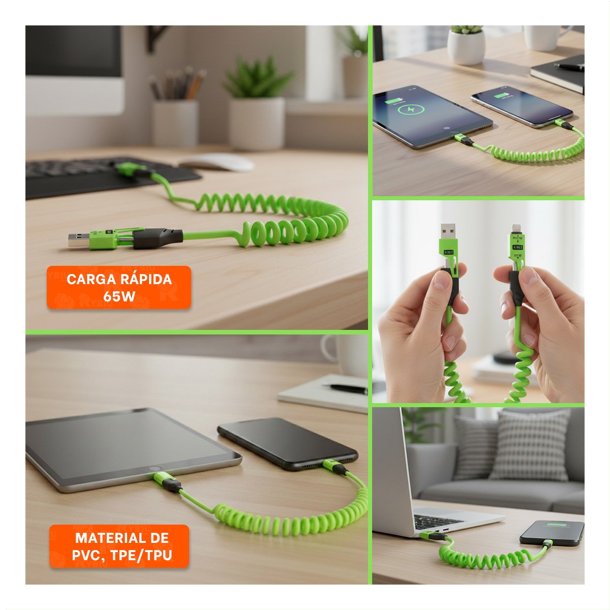 CONECTOR RESORTE 4 EN 1 USB C 1,5M VERDE ACCESORIO DE CARGA PARA CELULAR - 5