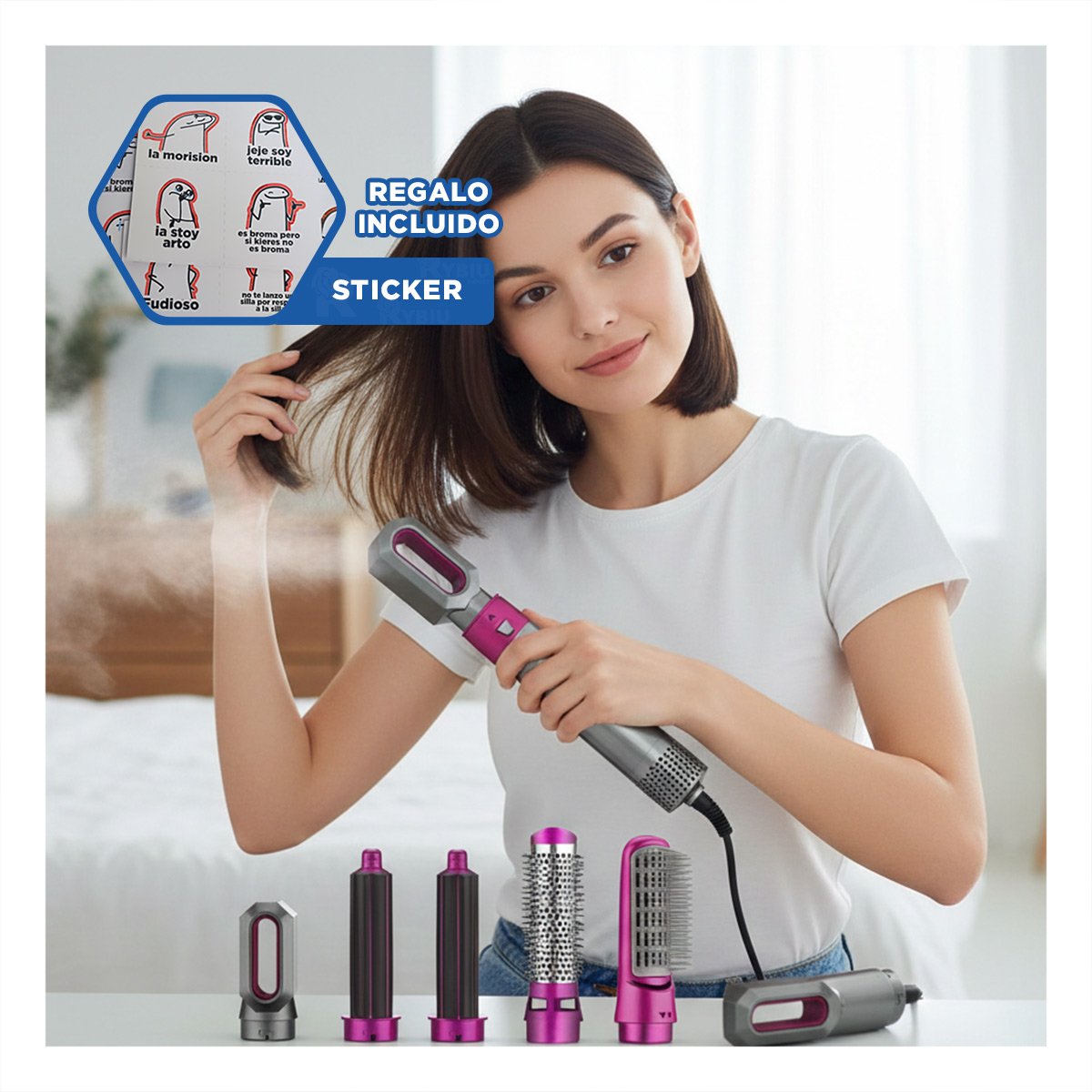 MOLDEADOR SECADOR 5 EN 1 PLOMO Y FUCSIA PARA ESTILO PROFESIONAL Y+REGALO STICKER - 1