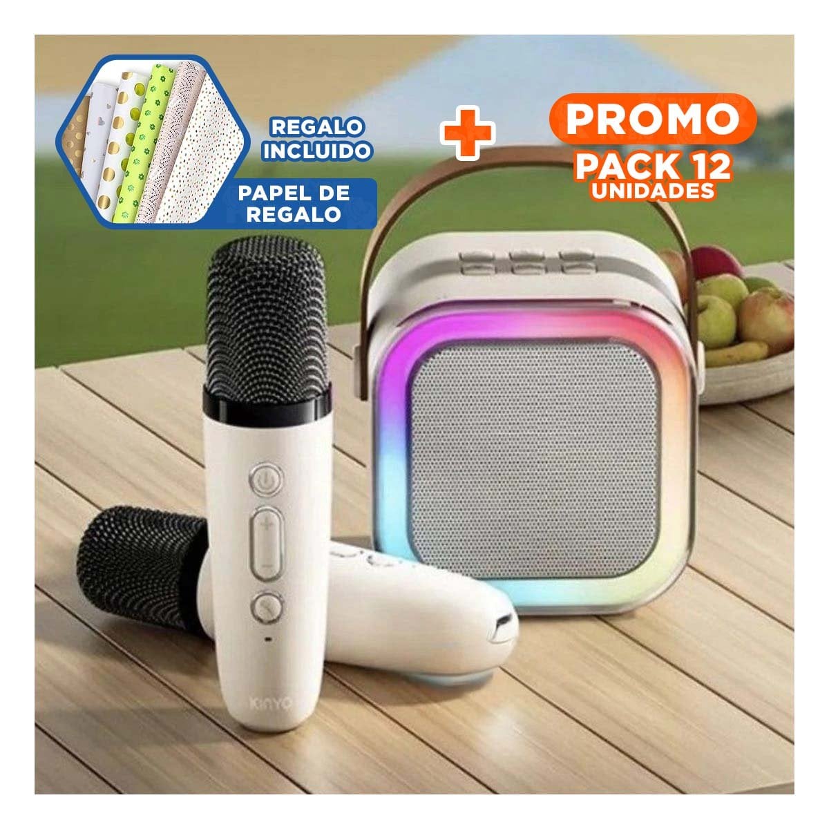 PACK12 REPRODUCTOR PORTATIL BEIGE CON MICROFONO INALAMBRICO MINI ESTABLE Y+PAPEL REGALO - 1