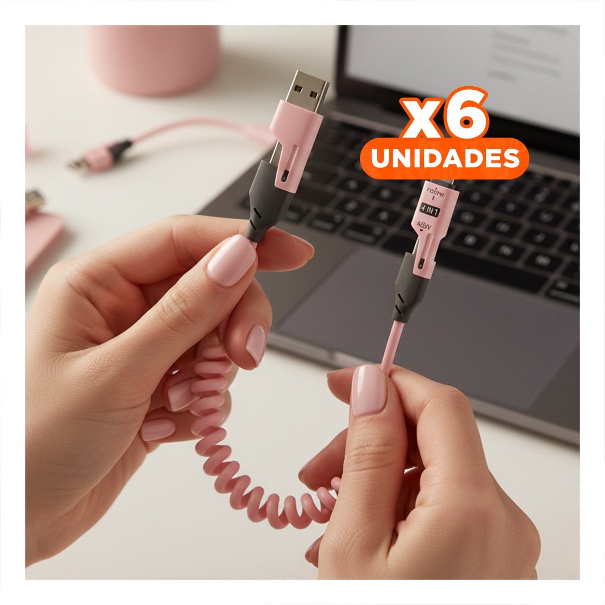 PACK6 CORDON RESORTE 4 EN 1 USB C 1,5M ROSADO CABLE DE CONEXION PARA CELULAR Y+REGALO STICKER - 1