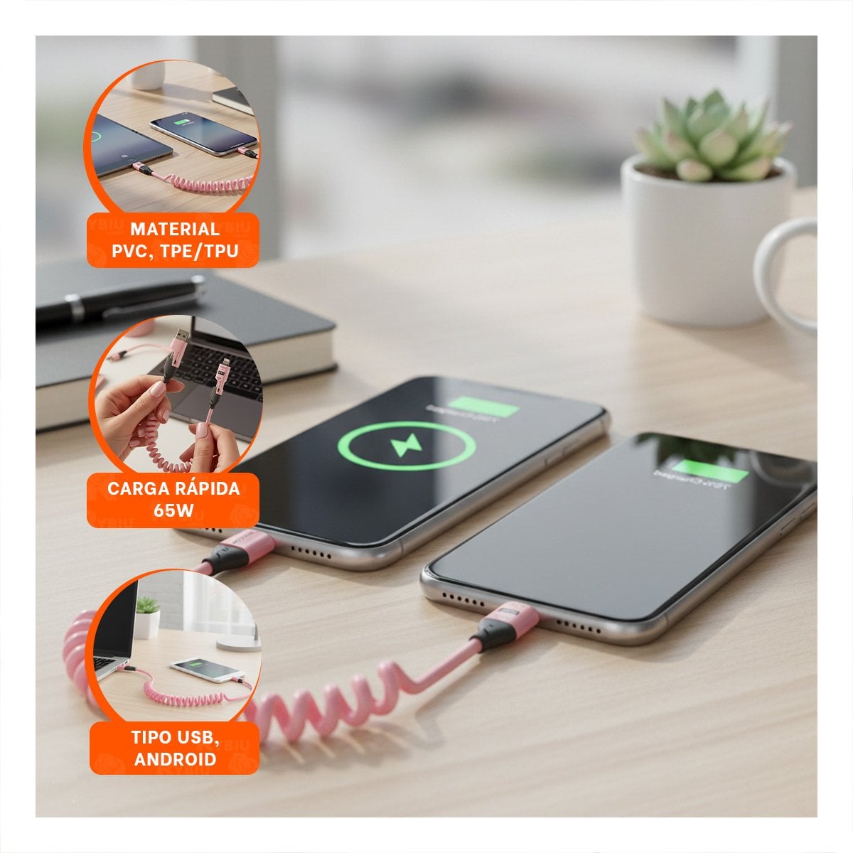 PACK6 CORDON RESORTE 4 EN 1 USB C 1,5M ROSADO CABLE DE CONEXION PARA CELULAR Y+REGALO STICKER - 3