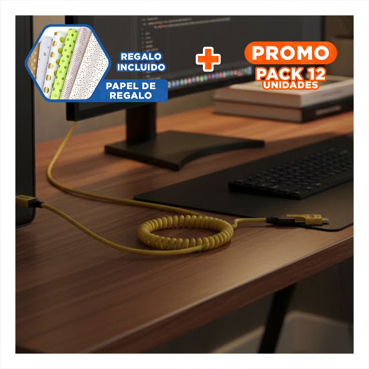 PACK12 ACCESORIO RESORTE 4 EN 1 USB C DE 1,5M AMARILLO CABLE MOVIL CARGA SEGURA Y+PAPEL REGALO - 1
