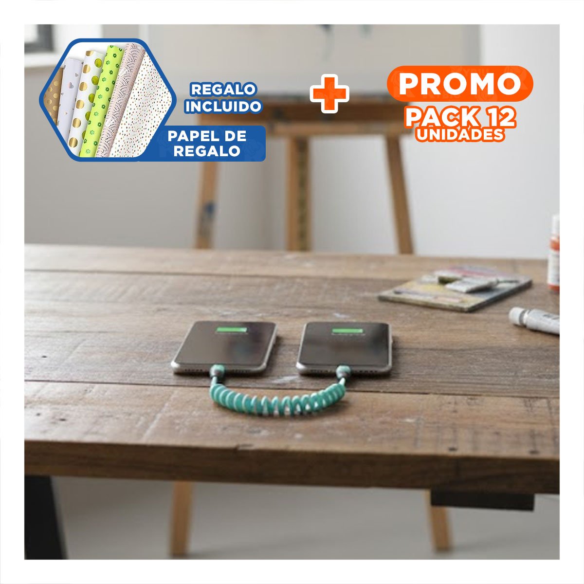 PACK12 CONECTOR RESORTE 4 EN 1 USB C 1,5M CELESTE ACCESORIO DE CONEXION Y+PAPEL REGALO - 1
