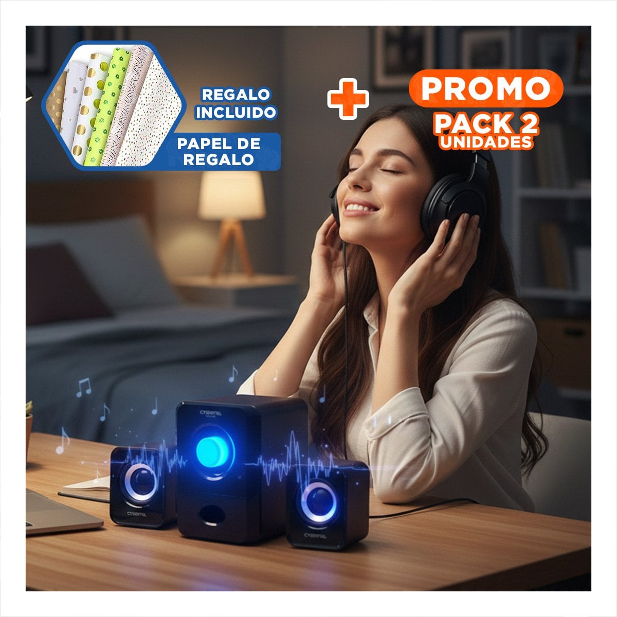 PACK2 PARLANTE CYBERTEL KILLER NEGRO CON BATERIA RECARGABLE Y AUDIO ENVOLVENTE Y+PAPEL REGALO - 1
