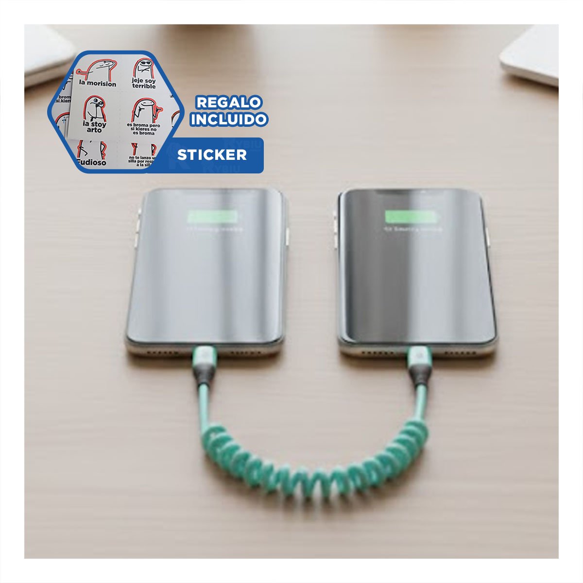 ADAPTADOR RESORTE 4 EN 1 USB C 1,5M CELESTE CABLE DE ENERGIA PARA DISPOSITIVOS Y+REGALO STICKER - 1