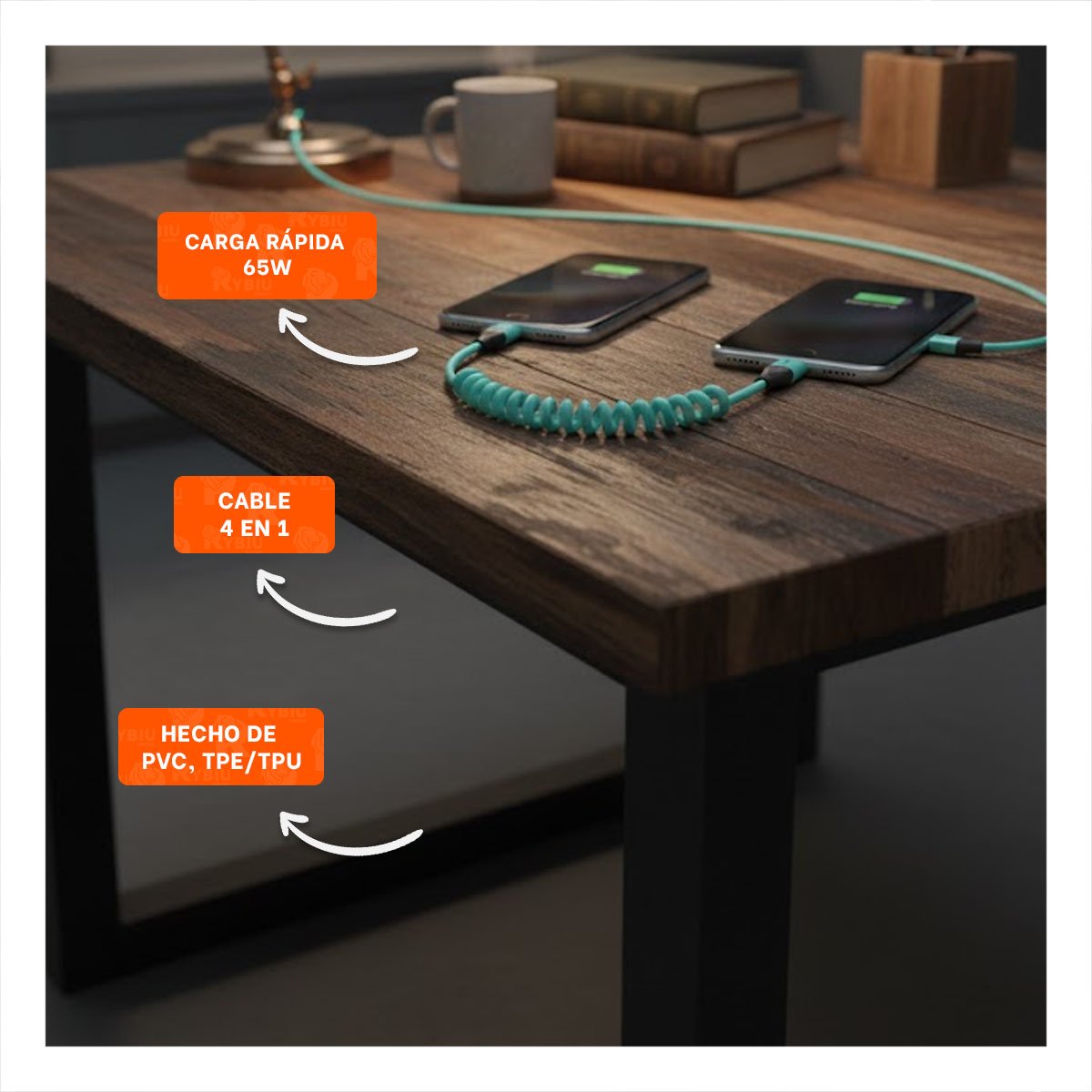 ADAPTADOR RESORTE 4 EN 1 USB C 1,5M CELESTE CABLE DE ENERGIA PARA DISPOSITIVOS Y+REGALO STICKER - 5