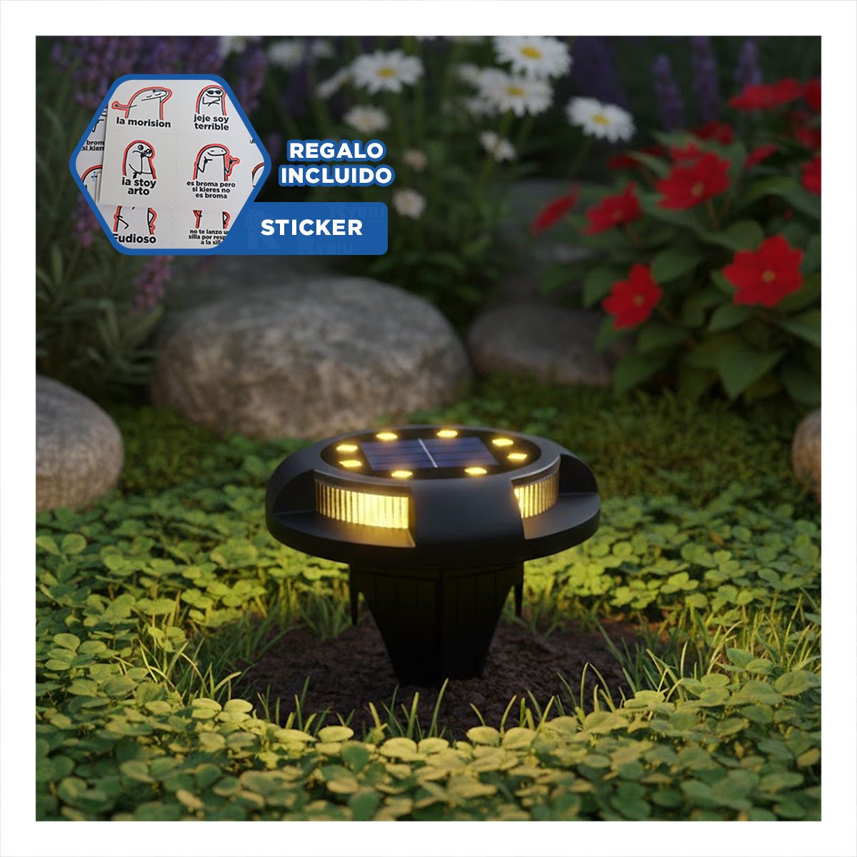 FOCO SOLAR TIPO DISCO 11X13,5CM NEGRO PARA ILUMINAR CAMINOS DE JARDIN Y+REGALO STICKER - 1
