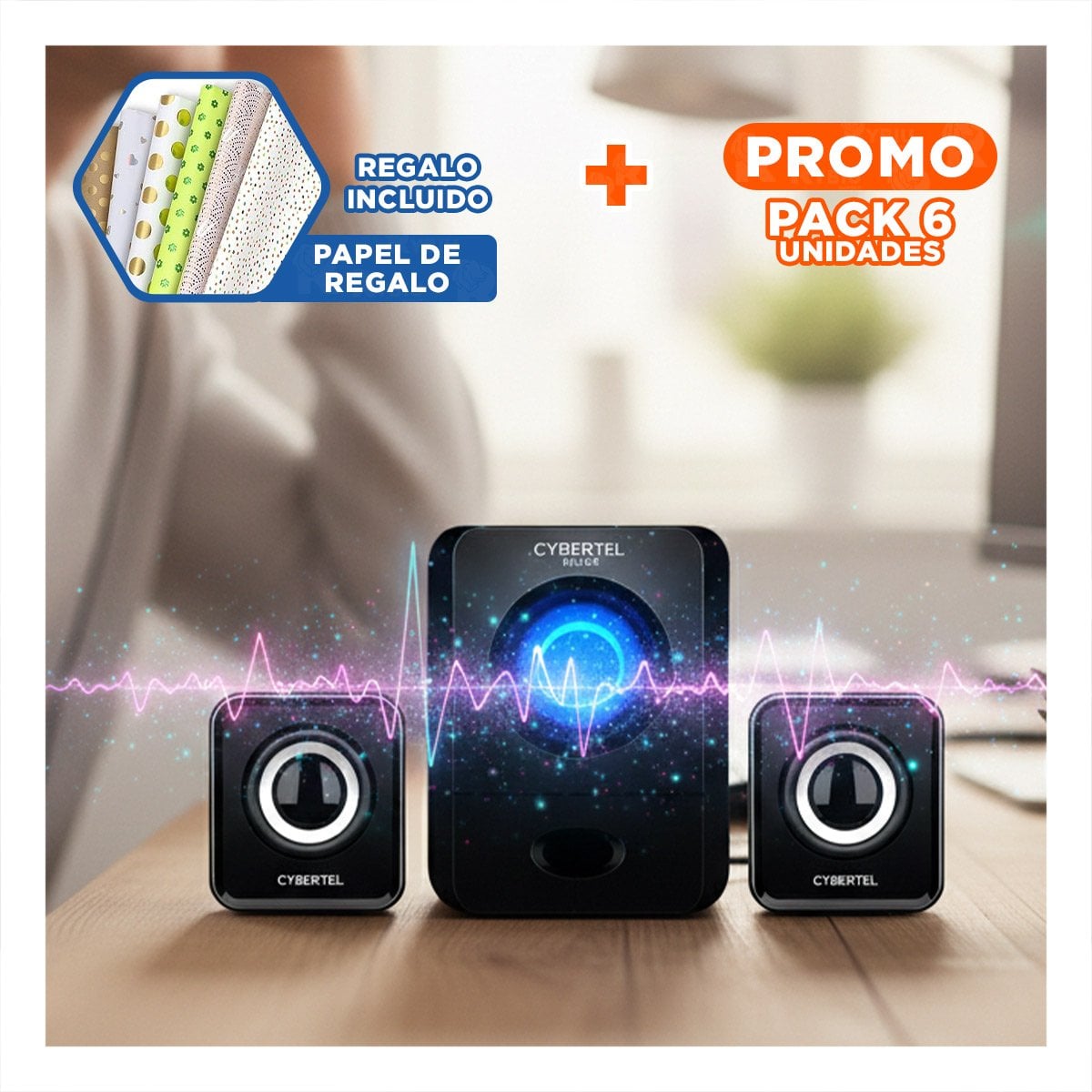 PACK6 ALTAVOZ CYBERTEL KILLER NEGRO CON CONEXION INALAMBRICA Y SONIDO POTENTE Y+PAPEL REGALO - 1