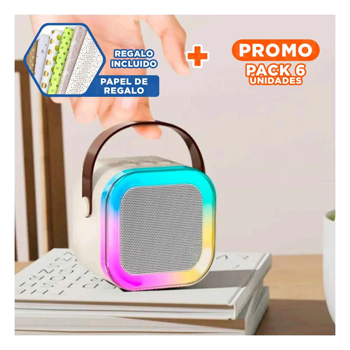 PACK6 BOCINA INALAMBRICA BEIGE CON MICROFONO MINI PORTATIL RAPIDA Y ADAPTABLE Y+PAPEL REGALO - 1