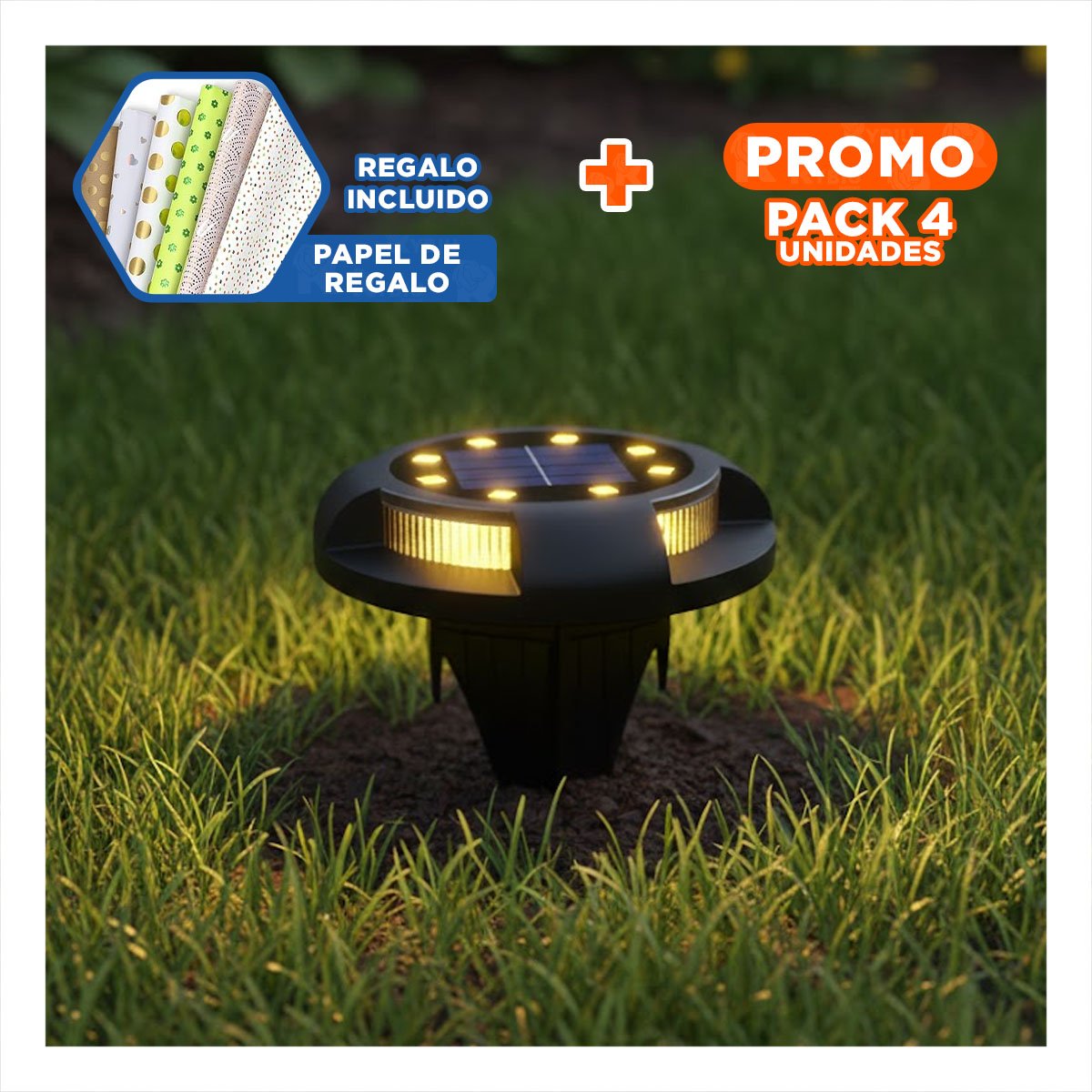 PACK4 LUZ SOLAR TIPO DISCO 11X13,5CM NEGRO PARA ILUMINACION DE SENDEROS JARDIN Y+PAPEL REGALO - 1
