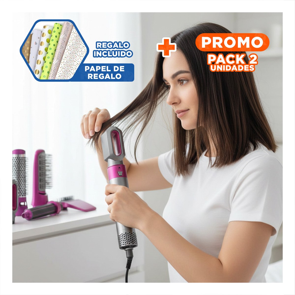PACK2 CEPILLO SECADOR 5 EN 1 PLOMO Y FUCSIA PARA CABELLO CON VOLUMEN Y+PAPEL REGALO - 1