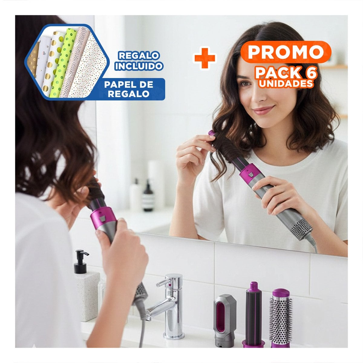 PACK6 MOLDEADOR SECADOR 5 EN 1 PLOMO Y FUCSIA PARA ONDAS DEFINIDAS Y+PAPEL REGALO - 1