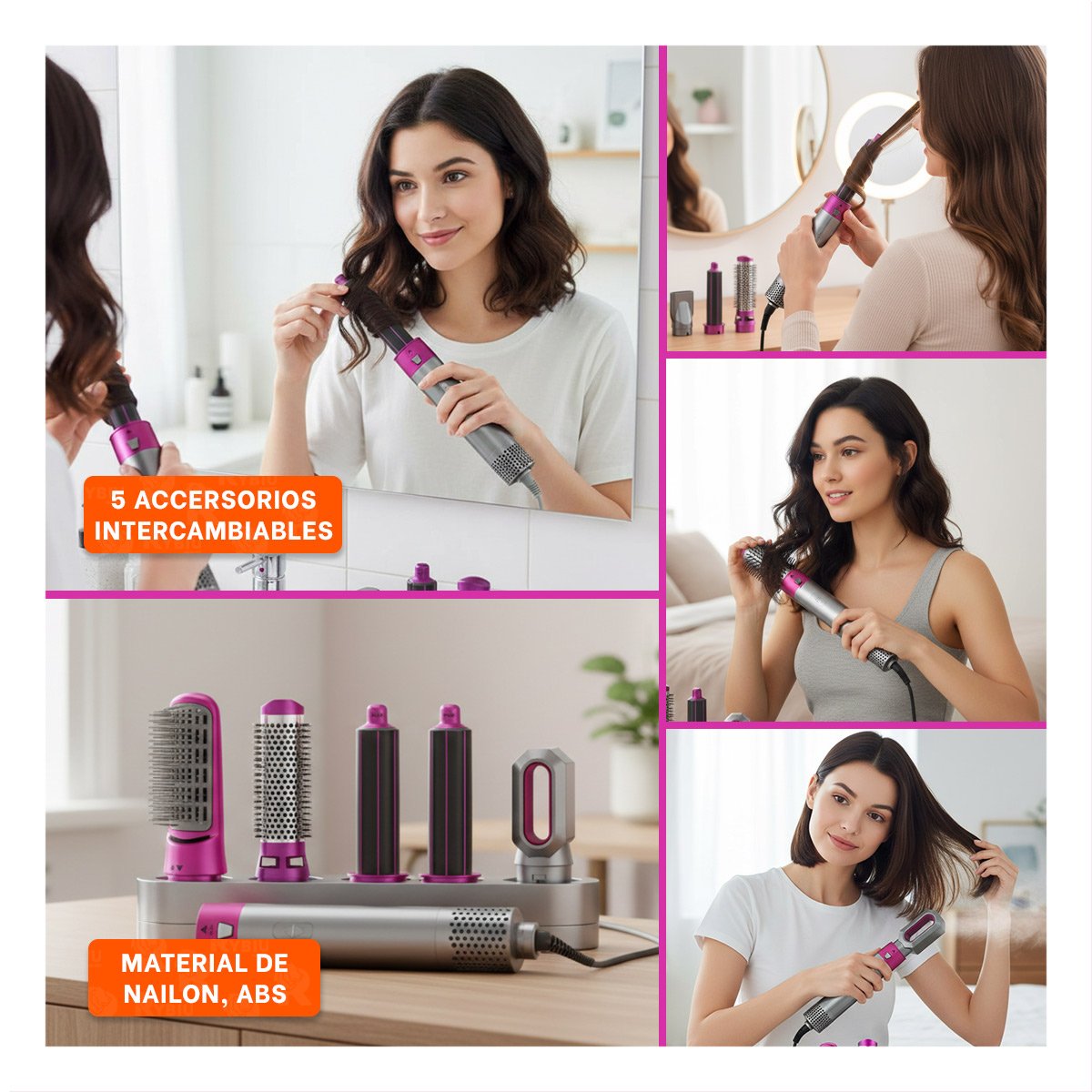 PEINADOR SECADOR 5 EN 1 PLOMO Y FUCSIA PARA ALISADO Y RIZADO Y+POST IT - 5