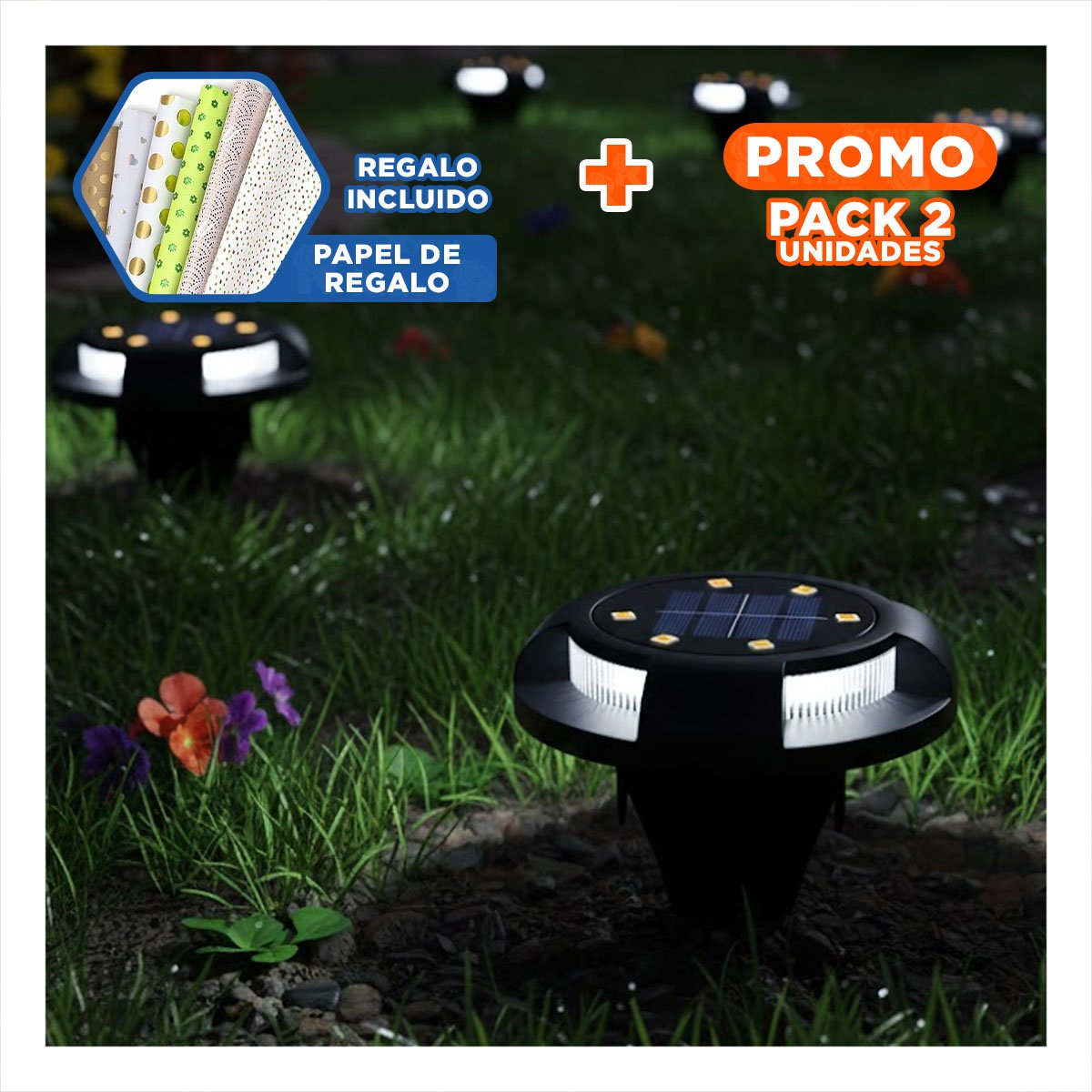PACK2 LAMPARA SOLAR TIPO DISCO 11X13,5CM NEGRO PARA ILUMINACION DE PATIO Y+PAPEL REGALO - 1