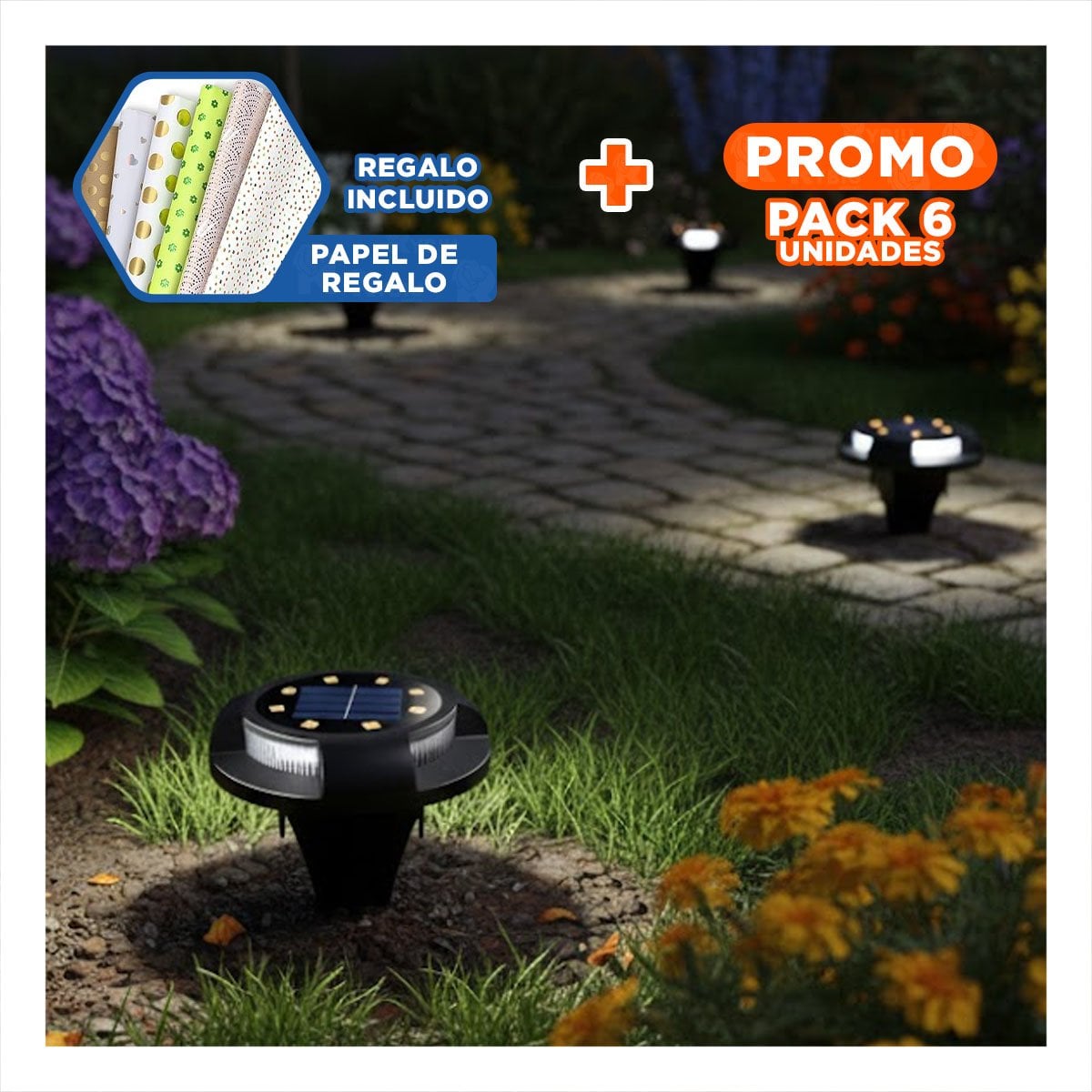 PACK6 FOCO SOLAR TIPO DISCO 11X13,5CM NEGRO PARA ILUMINAR PATIO Y JARDIN Y+PAPEL REGALO - 1