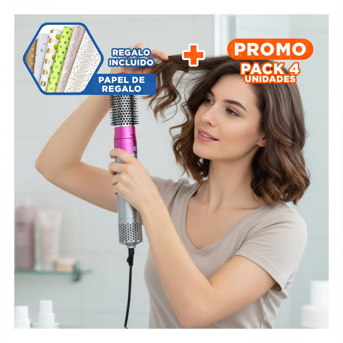 PACK4 PEINADOR SECADOR 5 EN 1 PLOMO Y FUCSIA CON SECADO UNIFORME Y+PAPEL REGALO - 1