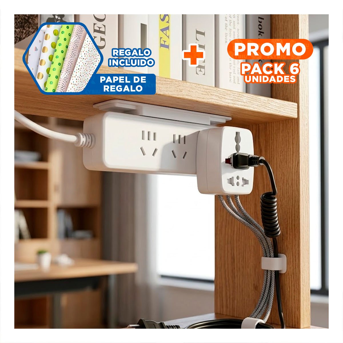 PACK6 FIJADOR AUTOADHESIVO PARA EXTENSION BLANCO 10X4CM BASE EXTENSION PARED Y+PAPEL REGALO - 1