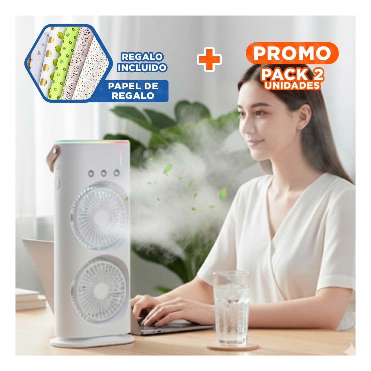 PACK2 VENTILADOR HUMIFICADOR VERTICAL CON 2 VENTILADORES BLANCO PARA CASA Y+PAPEL REGALO - 1
