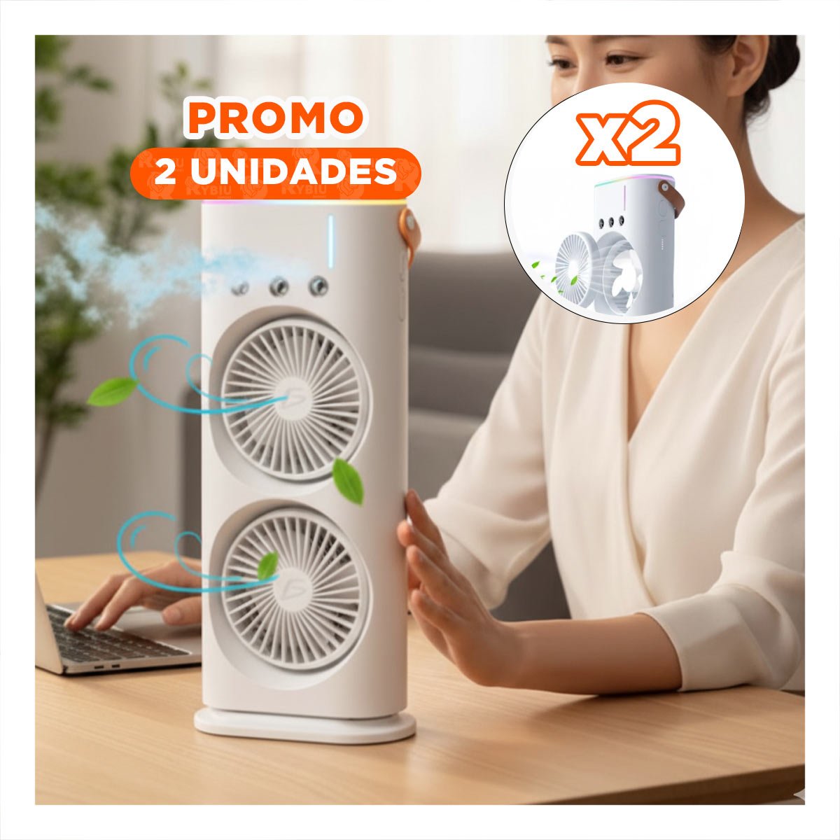 PACK2 HUMIDIFICADOR VENTILADOR CON 2 VENTILADORES BLANCO PARA AIRE DE HOGAR Y+REGALO STICKER - 1