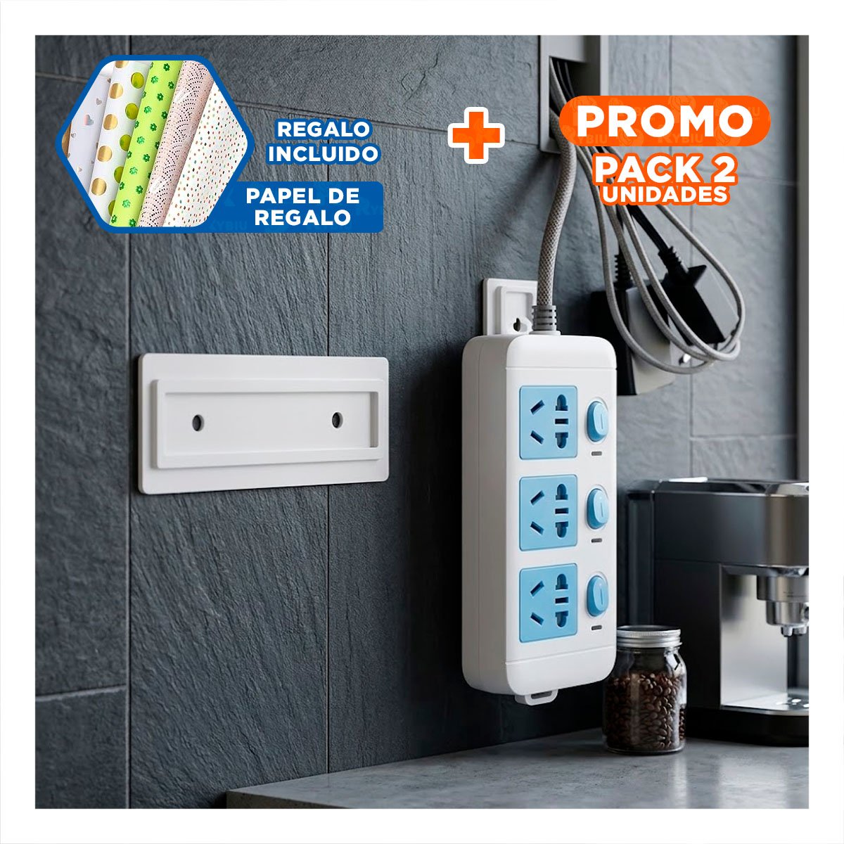 PACK2 MONTAJE AUTOADHERENTE PARA EXTENSION BLANCO 10X4CM SOPORTE REGLETA Y+PAPEL REGALO - 1
