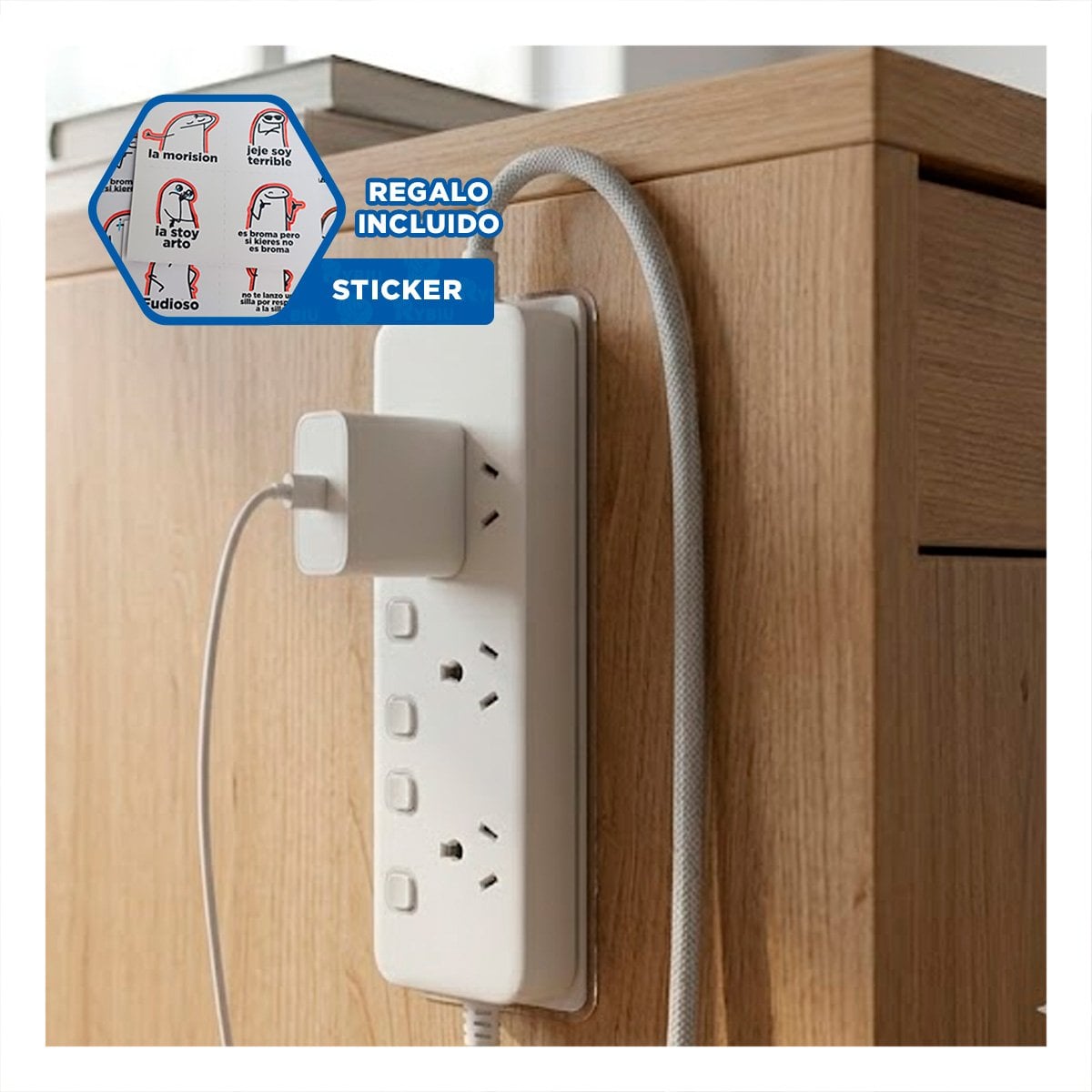 FIJADOR ADHESIVO PARA EXTENSION BLANCO 10X4CM ORGANIZADOR DE REGLETA Y+REGALO STICKER - 1