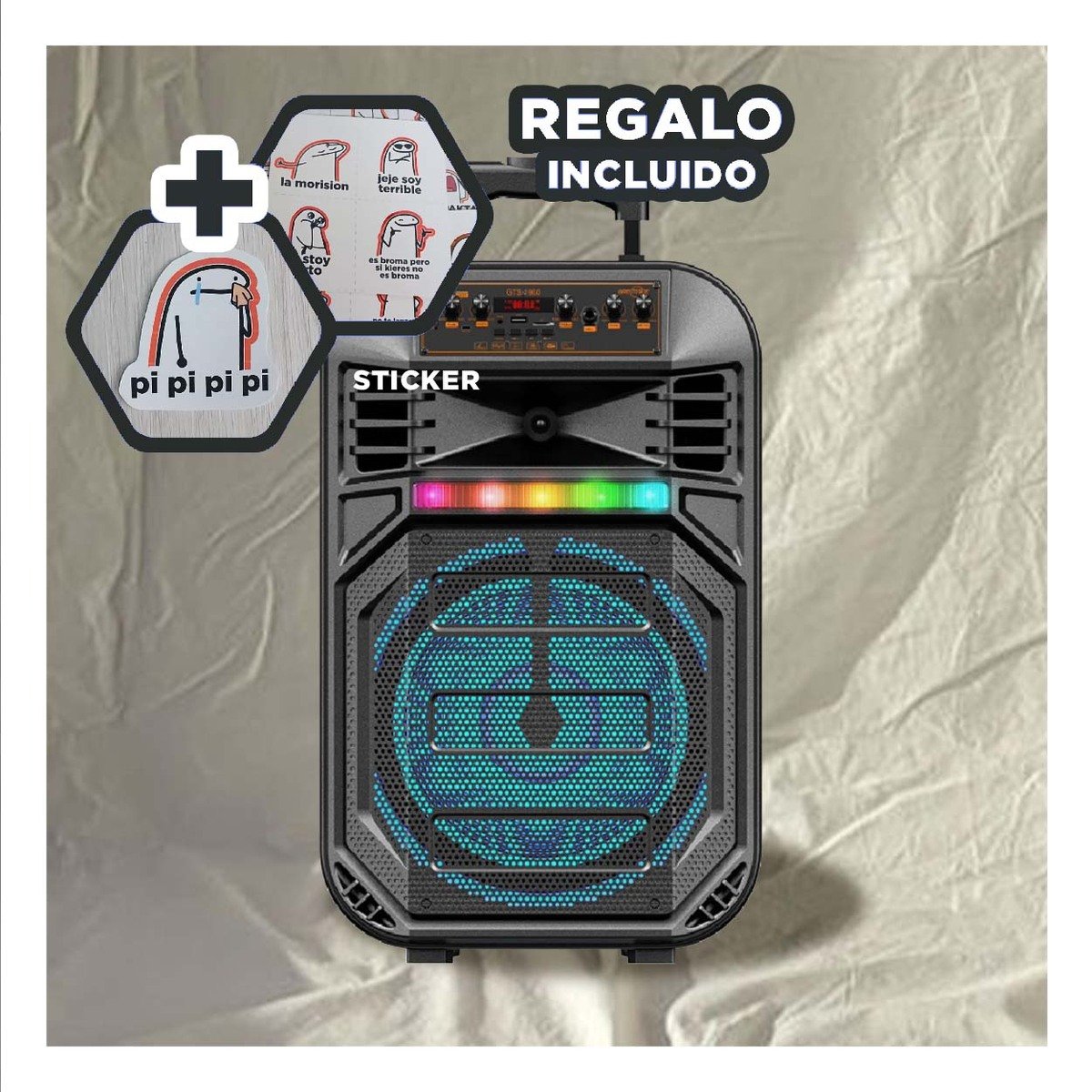 AUDIO RECARGABLE PARA PARLANTE 12 PULGADAS NEGRO CON LLANTAS RECTANGULAR Y+REGALO STICKER - 1