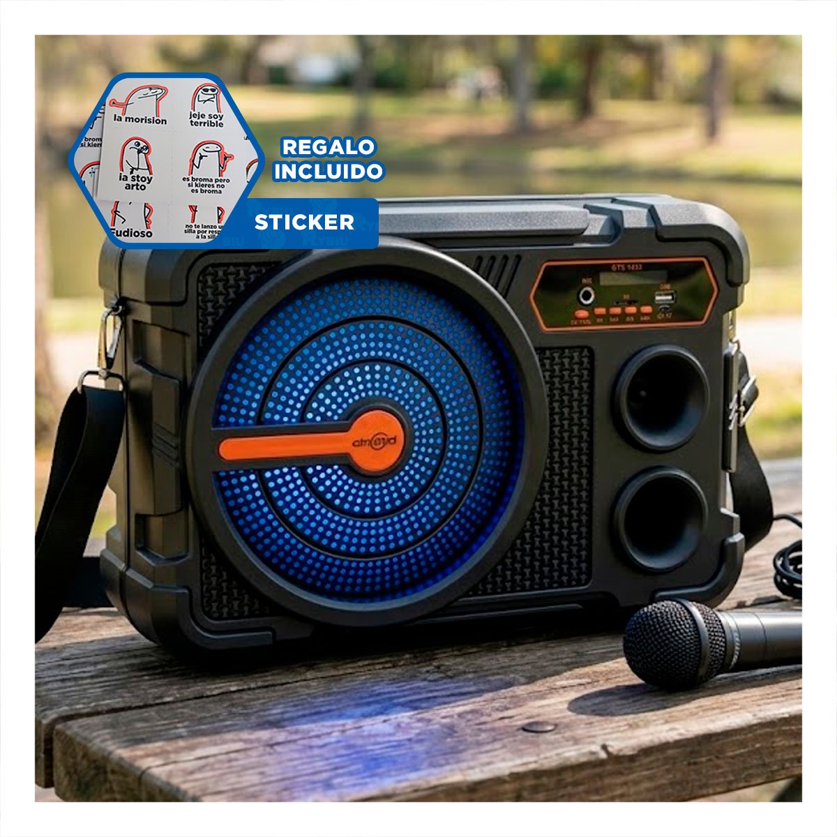 ALTAVOZ 8 PULG NEGRO CON MICROFONO BLUETOOTH RECARGABLE AUDIO PARA FIESTAS Y+REGALO STICKER - 1