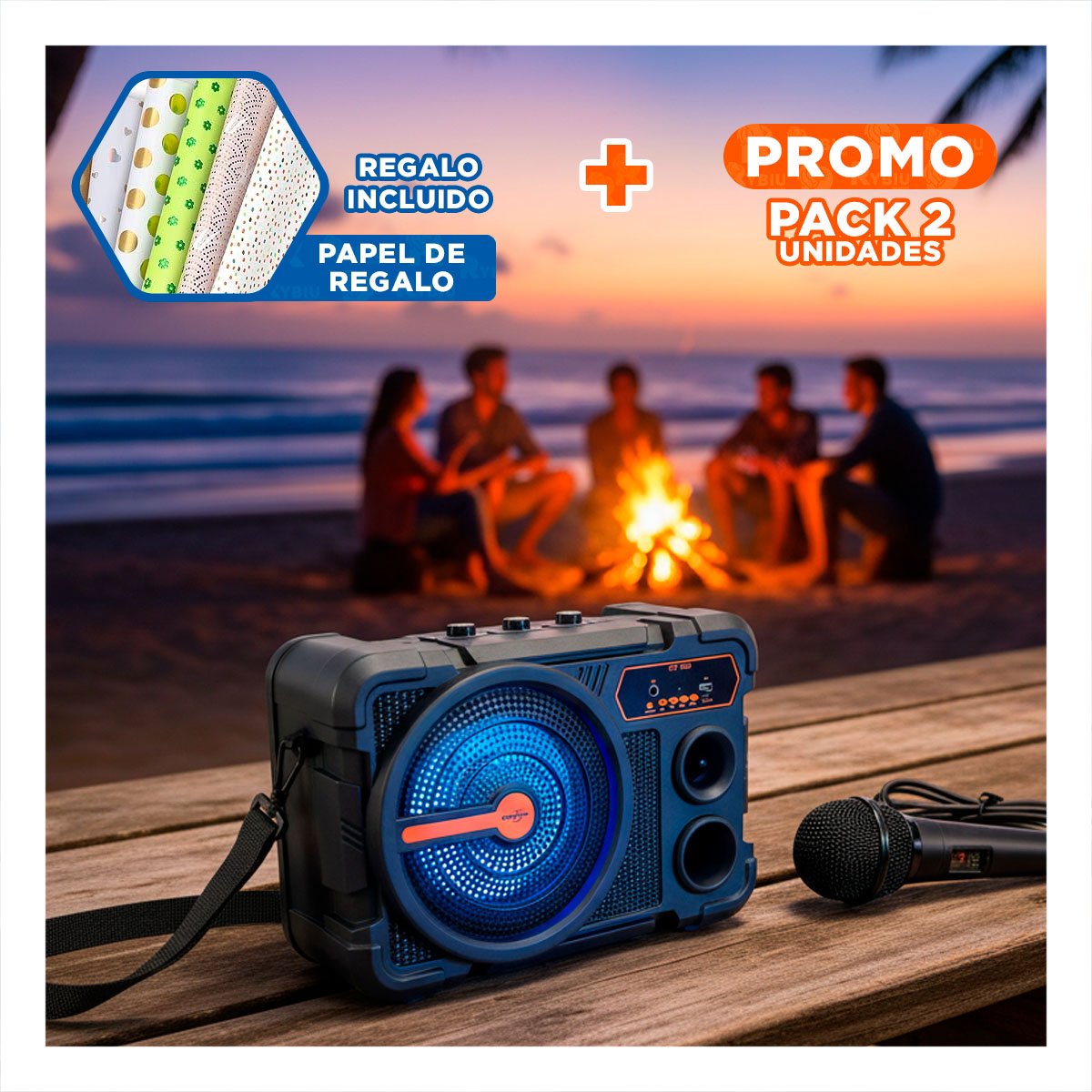 PACK2 PARLANTE 8 PULG NEGRO CON MICROFONO BLUETOOTH COMPACTO AUDIO PARA FIESTA Y+PAPEL REGALO - 1