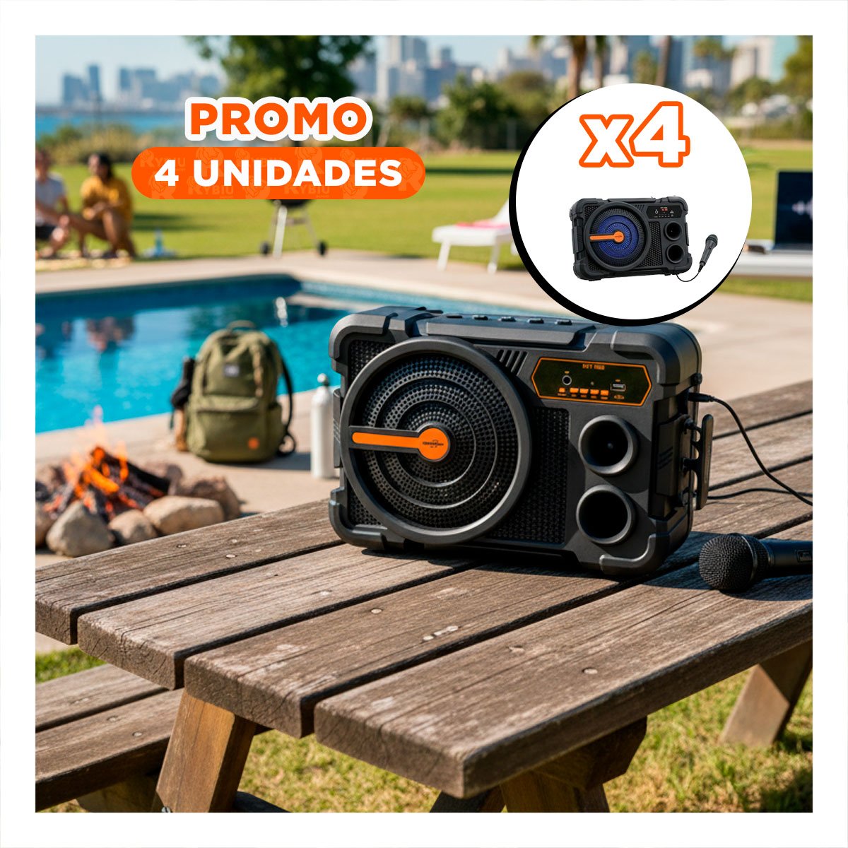 PACK4 BOCINA 8 PULG NEGRO CON MICROFONO BLUETOOTH RECARGABLE AUDIO PARA KARAOKE - 1