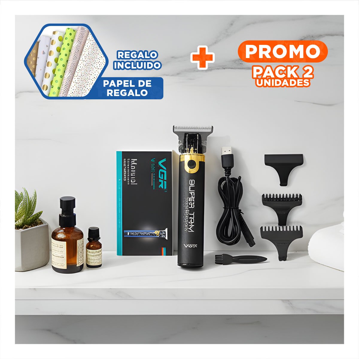 PACK2 AFEITADORA CABELLO NEGRO DORADO CON CUCHILLA FINA PARA PERFILADO PRECISO Y+PAPEL REGALO - 1
