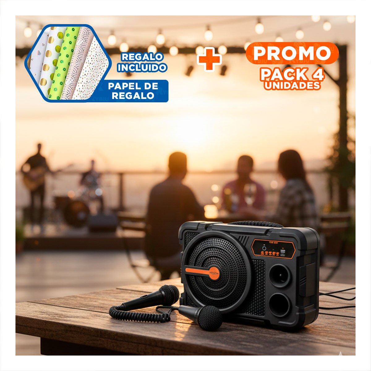 PACK4 SPEAKER 8 PULG NEGRO CON MICROFONO BLUETOOTH COMPACTO SONIDO PARA EVENTOS Y+PAPEL REGALO - 1